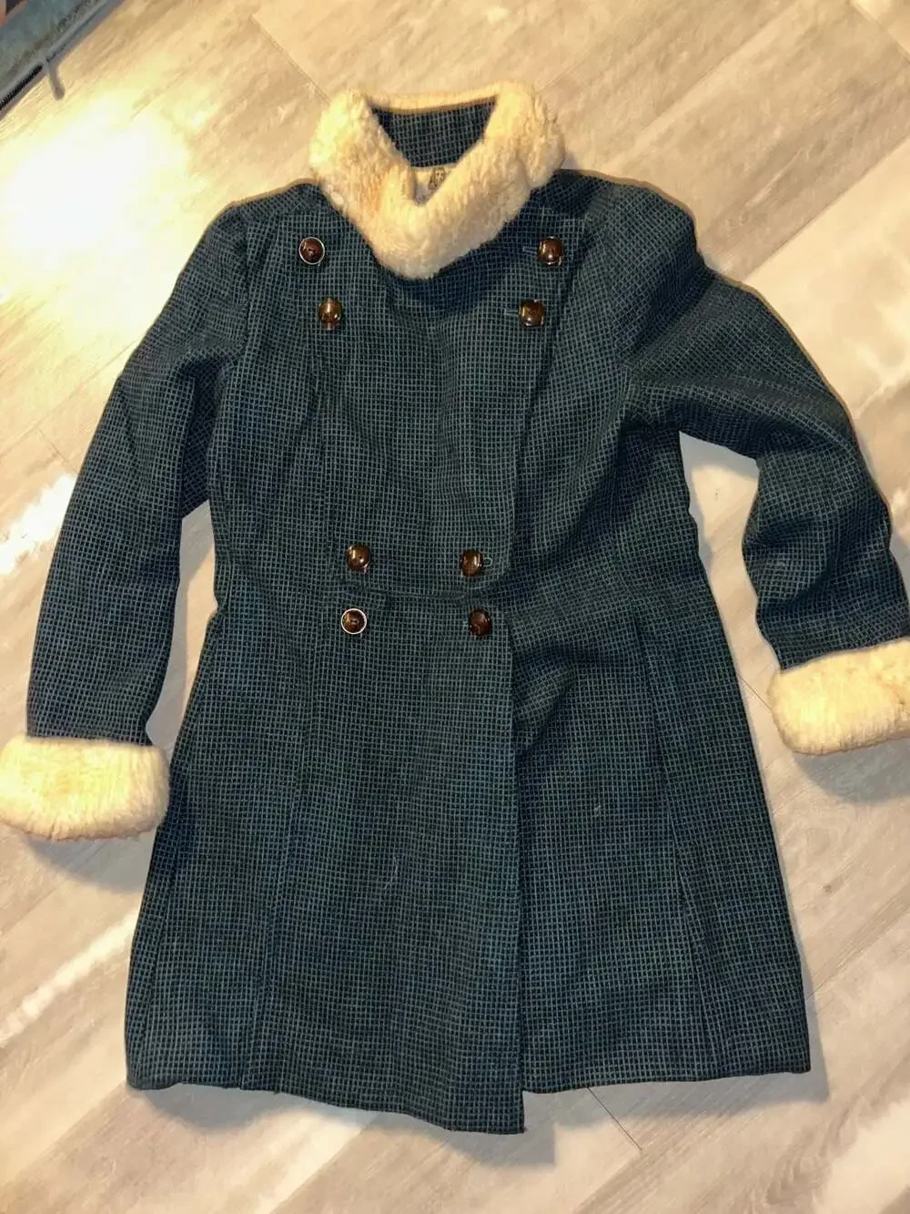 Alice's Pig Stella's Starlet Double-Breasted Wool Blend Coat with Faux Fur Trim